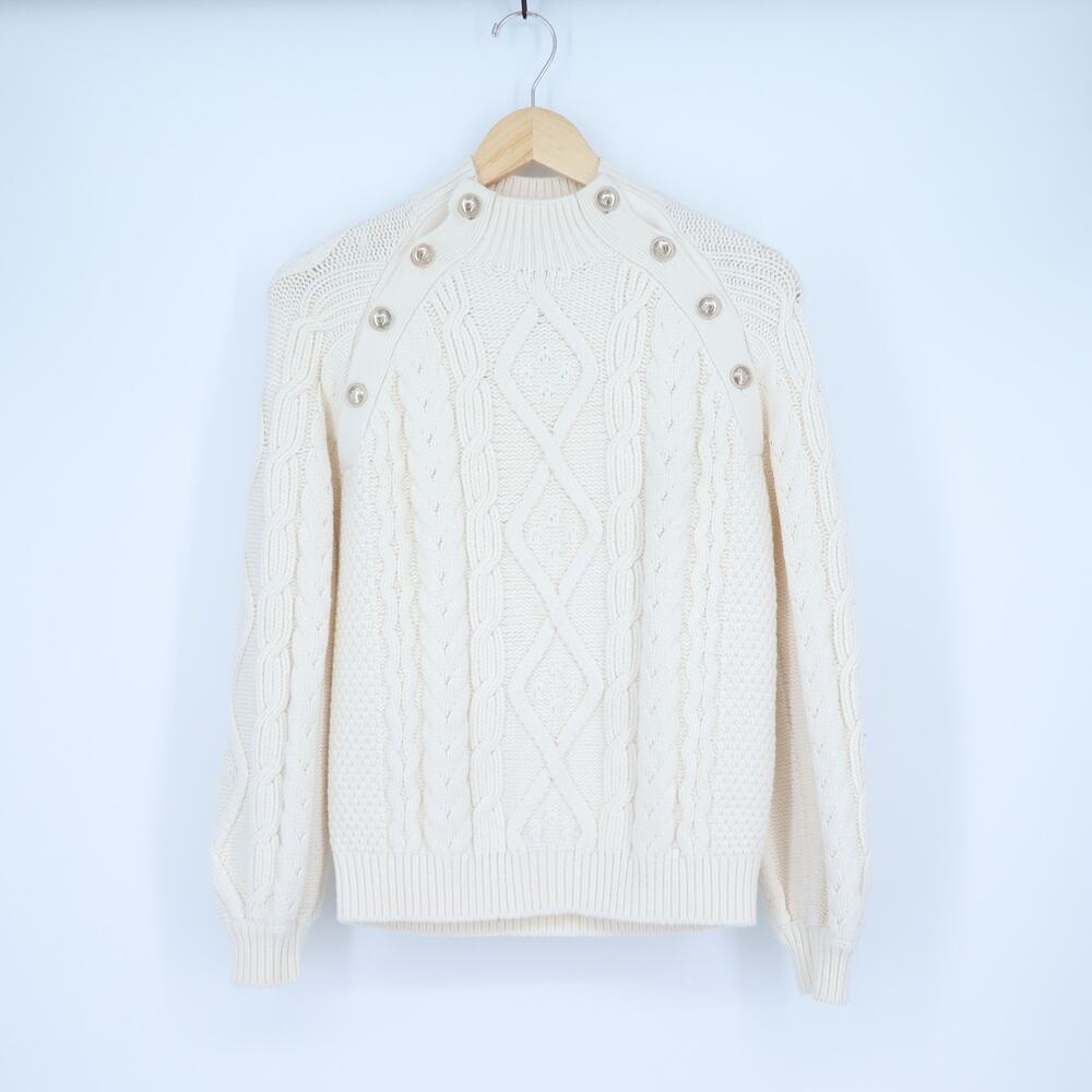MAJE Braided Knit Chunky Sweater Ecru With Gold Button Jumper Women's 1/US S